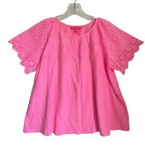 Lilly Pulitzer Top Tee M Pink Round Neck Crochet Oversized Romantic Fairy Barbie